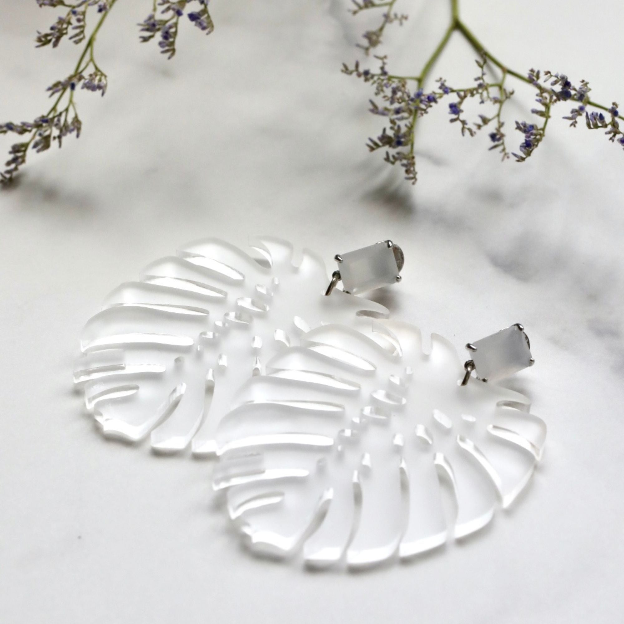 White Monstera Statement Earrings