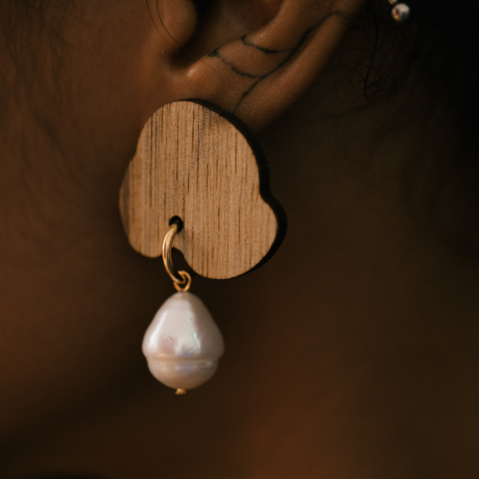 Big Baroque Pearls and African Walnut Wood Statement Earrings - In Between Earrings #08