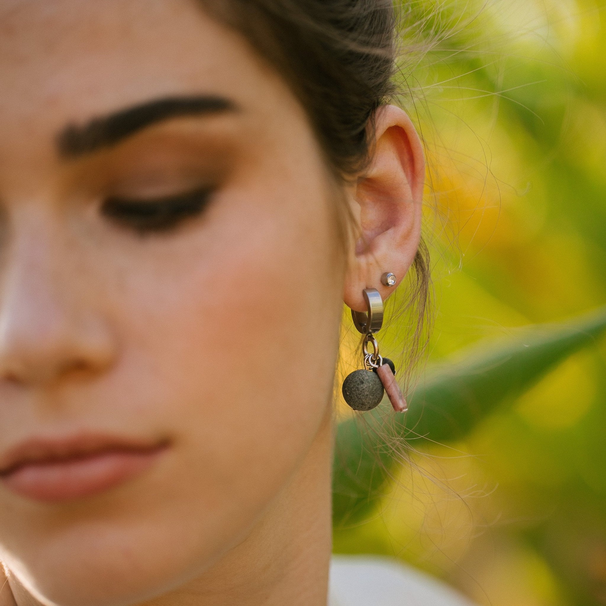 PERLINA #13 SILVER PLATED EARRINGS WITH AGATE, PINK JADE AND VOLCANIC LAVA BEADS