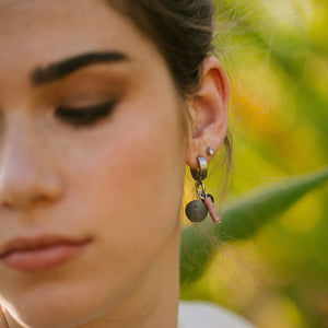 PERLINA #13 SILVER PLATED EARRINGS WITH AGATE, PINK JADE AND VOLCANIC LAVA BEADS