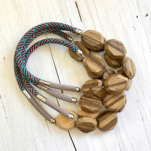 Maslina Magnet - Natural Wood Beads on Beige & Blue Cord Necklace